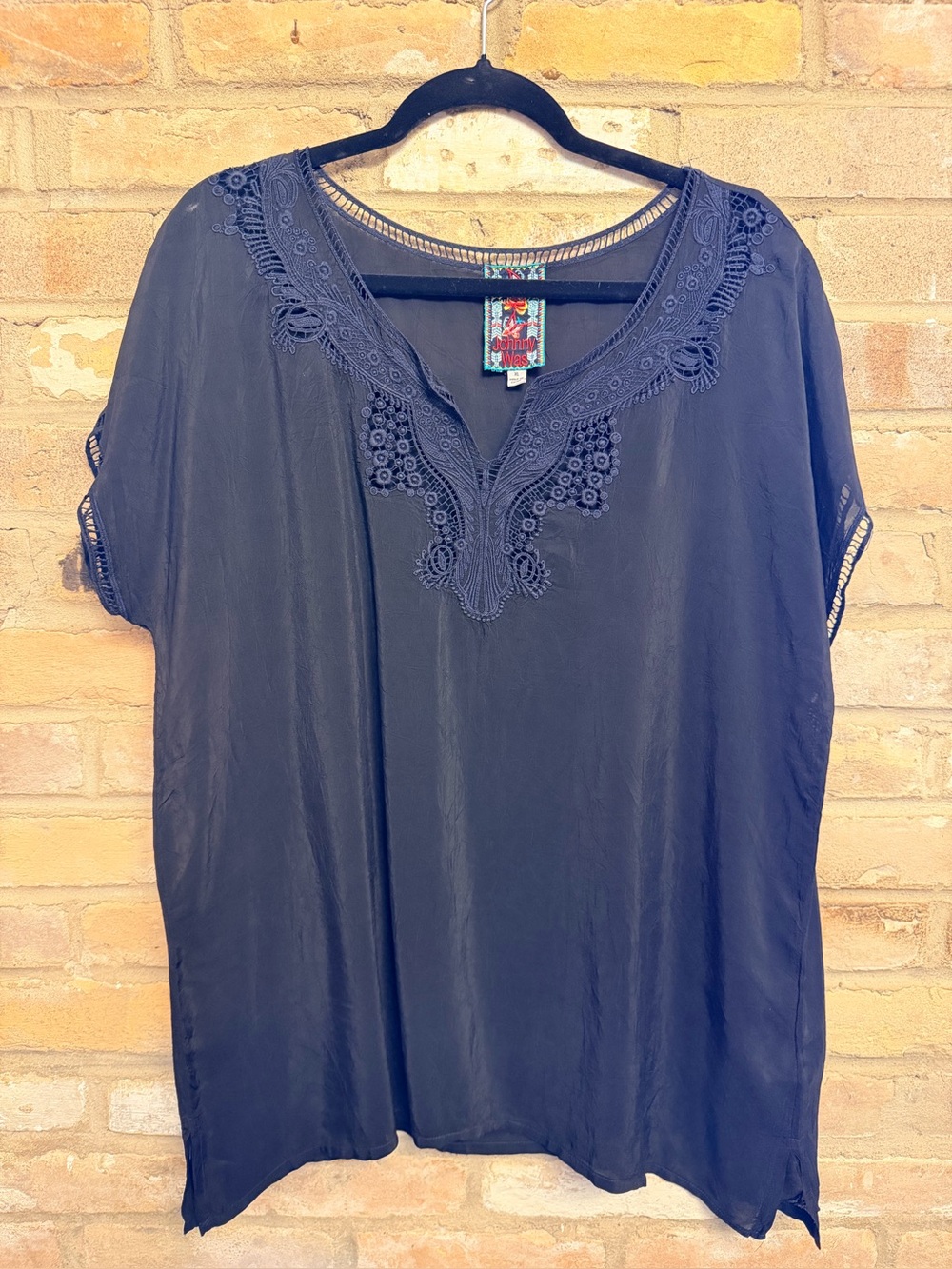 Johnny Was Black Crochet-Trim V-Neck Tunic
